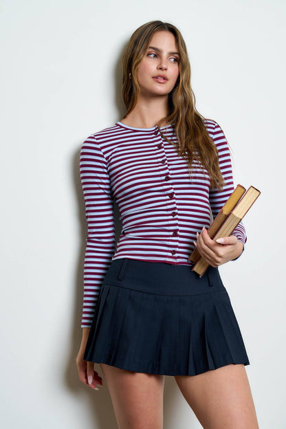 BUTTON DOWN CREW NECK STRIPED LONG SLEEVE KNIT TOP: BURGUNDY MULTI