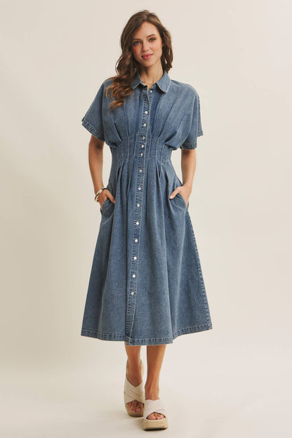 Caroline Stretchy Mineral-Washed Button-Down Pleated Denim Midi Dress: Light Wash