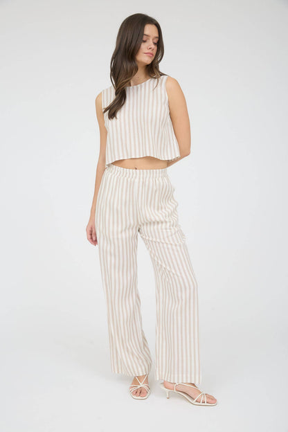 Maple Lane Stripe Linen Wide Leg Pants: Khaki