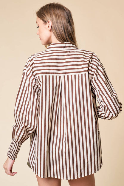 Wrenly Stripe Mixed Over-Sized Button Down Top: Brown