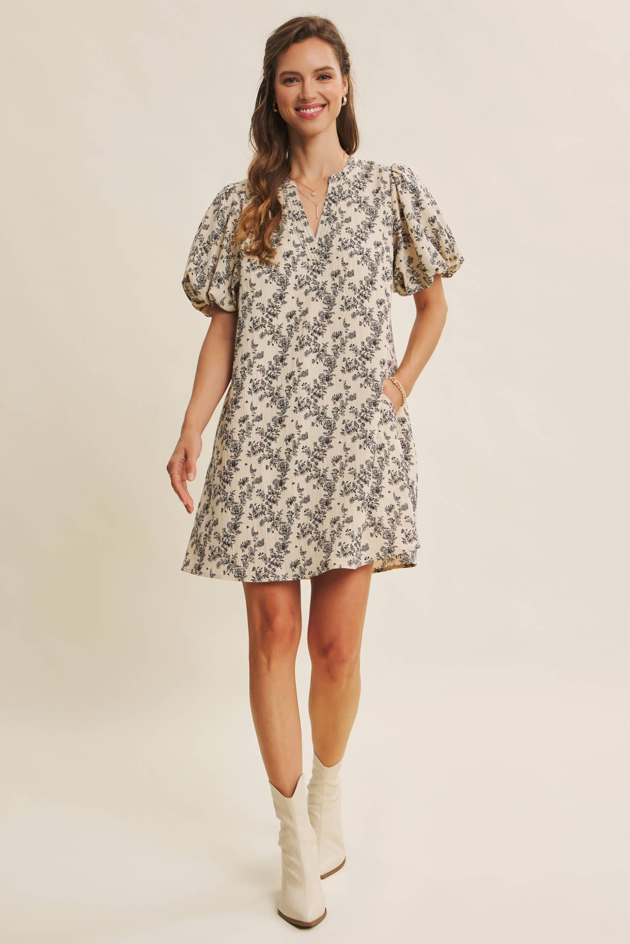 Patsy Textured Floral Mini A-Line Dress with Bubble Sleeves: Vanilla