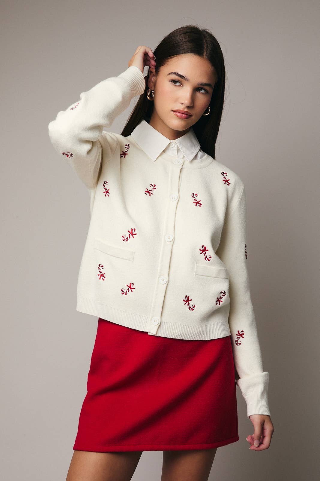 Embroidered Candy Cane Button Up Sweater Cardigan: CREAM