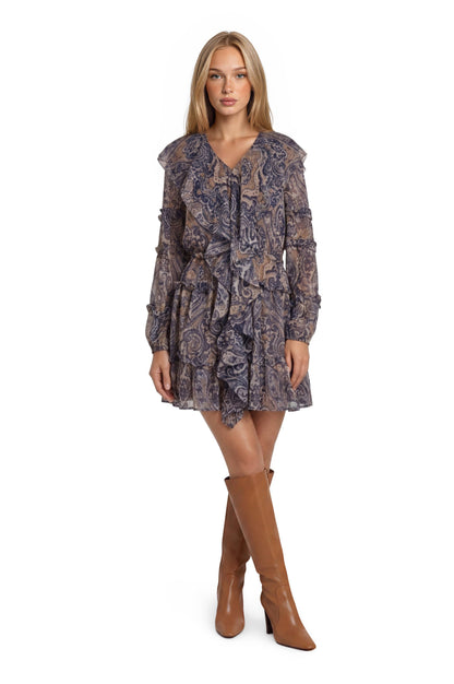 RUFFLE MINI DRESS-NAVY MULTI