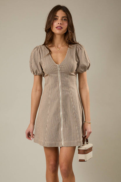 Perrie Puff Sleeve Zip Front Striped Mini Dress: Brown White