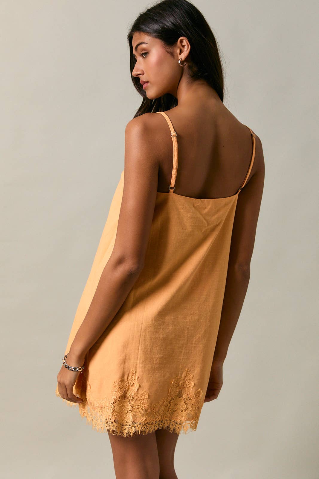 Clementine Lace Trim Spaghetti Shift Mini Dress: Orange
