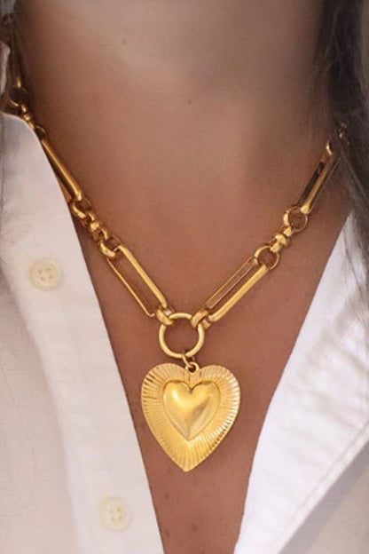 Gold Etched Heart Chunky Chain Statement Necklace