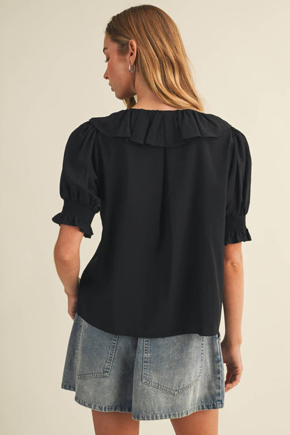 V-Neck Ruffle Pintuck Poplin Blouse: Black
