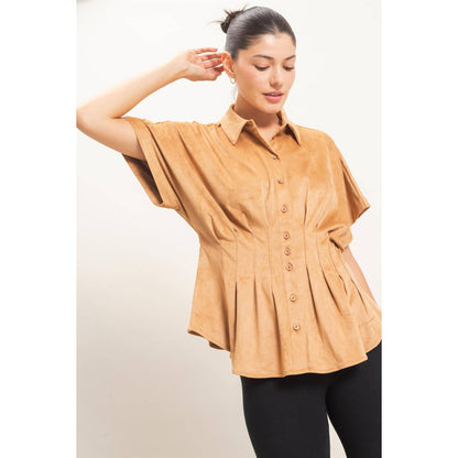 Suede Button-Down Blouse: CAMEL / S-M-L(2-2-2)