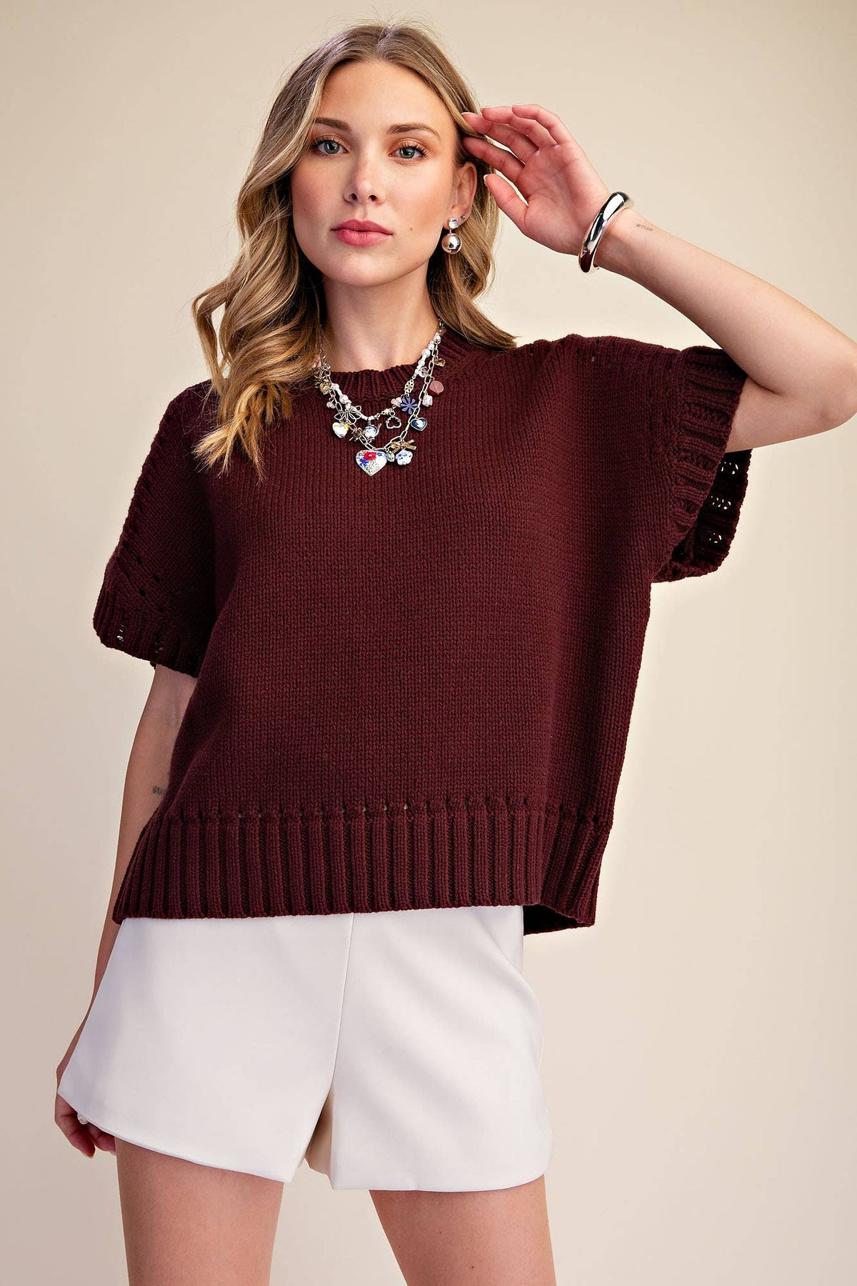 Della Short-Sleeve Eyelet Crew-Neck Sweater: Brown
