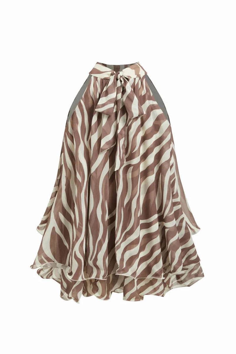 Tie-Neck Sleeveless Blouse: BROWN