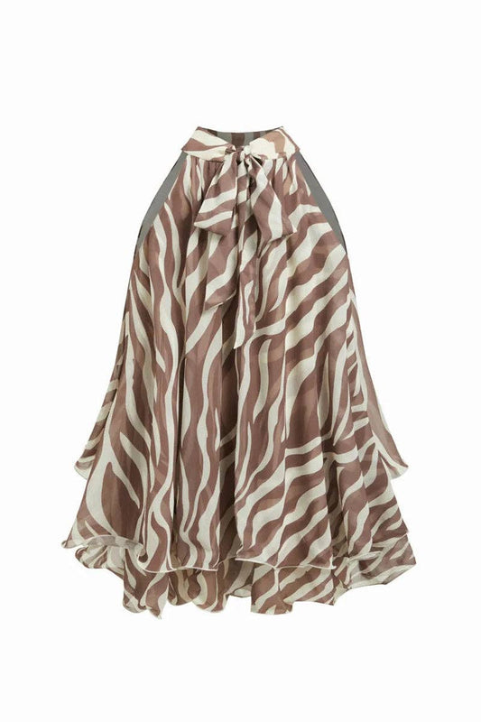 Opal Tie-Neck Sleeveless Blouse: Brown Zebra