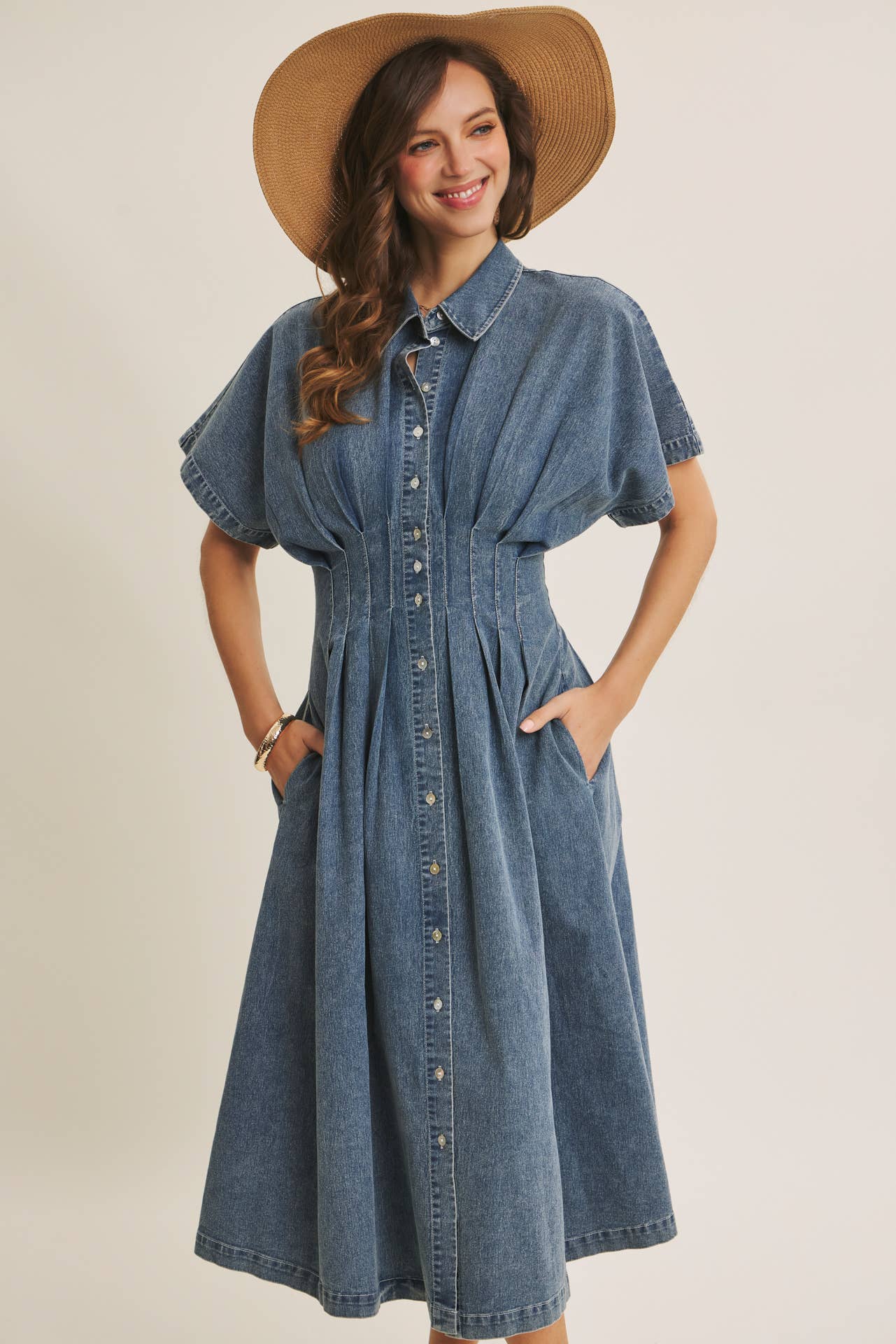Caroline Stretchy Mineral-Washed Button-Down Pleated Denim Midi Dress: Light Wash