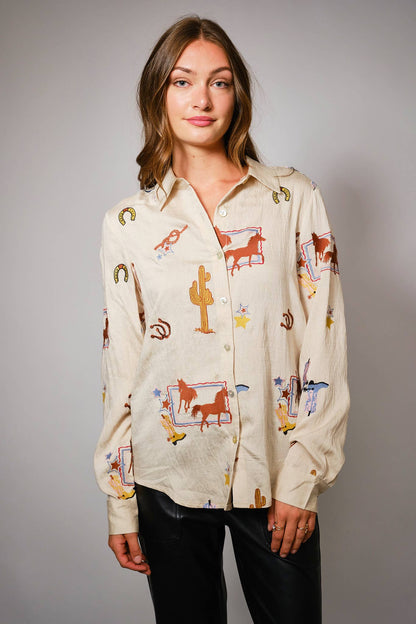 Frontier Western Embroidered Shirt: SAND