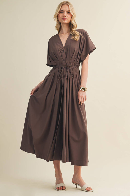 Linden Drawstring Waist Dolman Sleeve Dress: COCOA POWDER