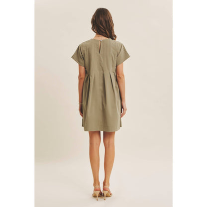 Easygoing Pleated Detail Mini Dress with Pockets: Olive