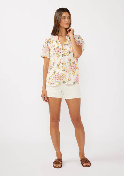 Petal Puff Sleeve Button-Down Top: Natural/Dusty Pink