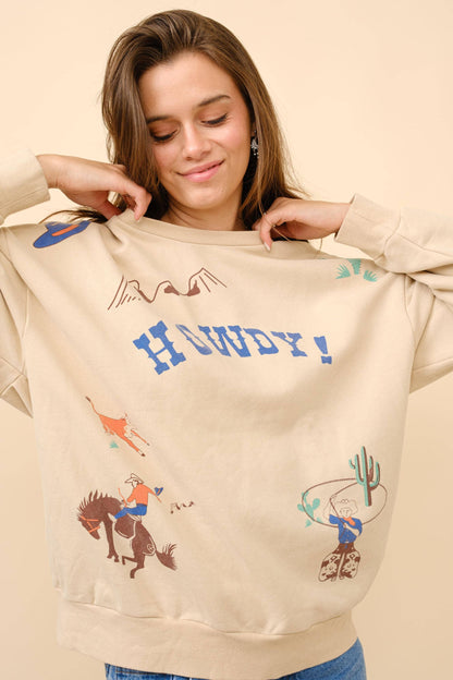 Western Graphic Howdy Sweatshirt: TAUPE
