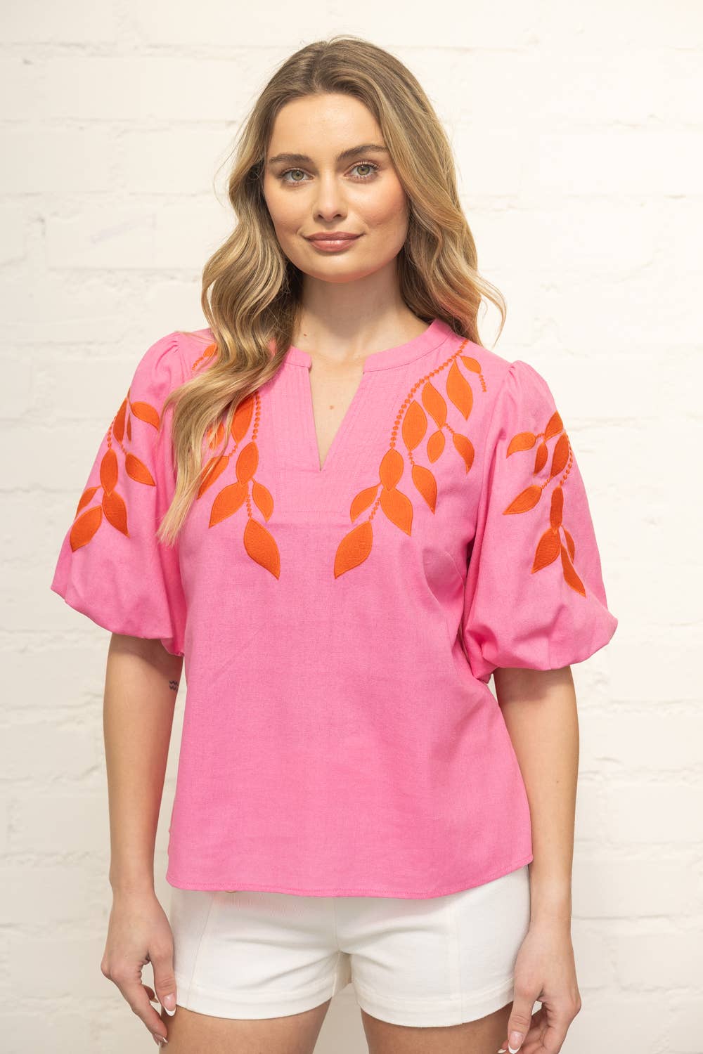 Posie Floral Embroidered Bubble Sleeve V-Neck Top: Pink