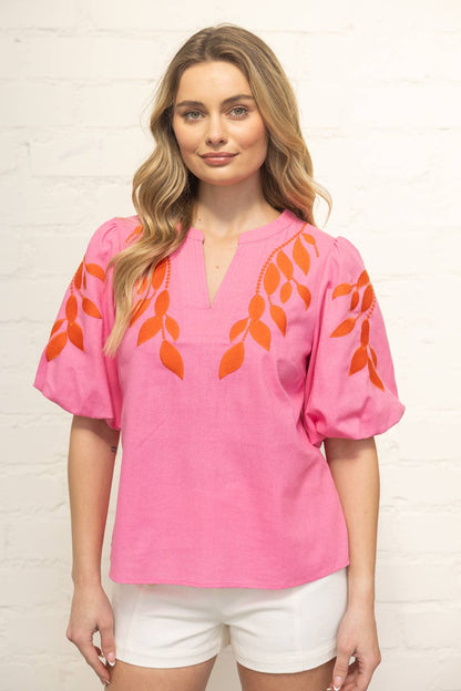 Posie Floral Embroidered Bubble Sleeve V-Neck Top: Pink