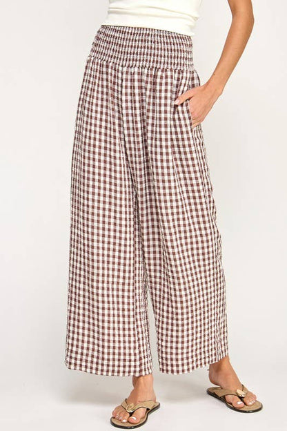 The Ginny Gingham Wide Leg Linen Pants: Mocha Brown
