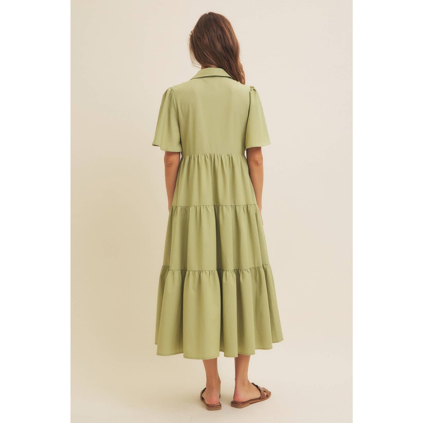 Savannah Flutter Sleeved Button-Down Shirt Midi Dress: Lt Olive