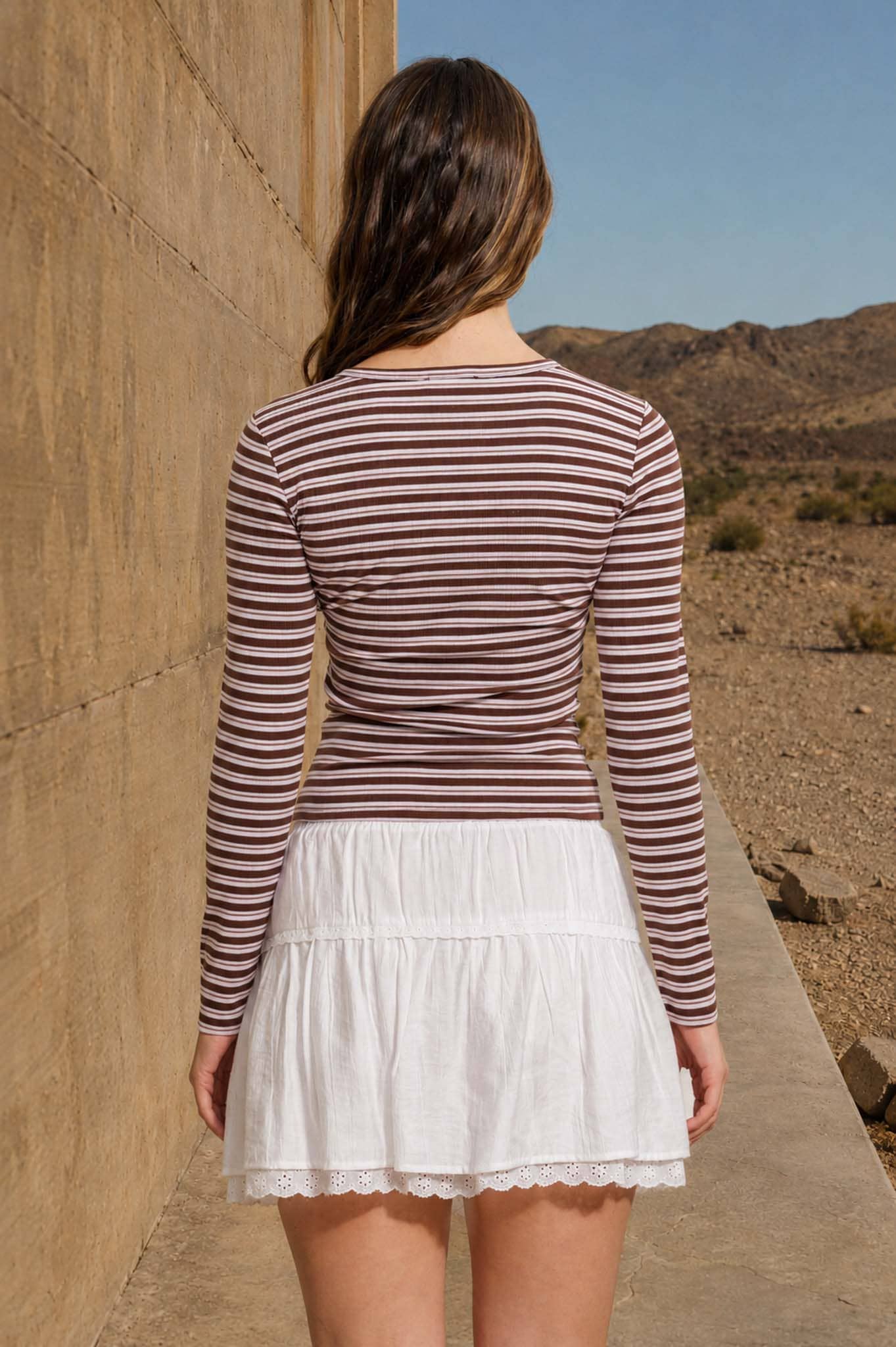 BUTTON DOWN CREW NECK STRIPED LONG SLEEVE KNIT TOP: BURGUNDY MULTI