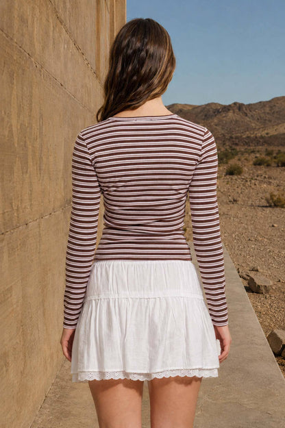 BUTTON DOWN CREW NECK STRIPED LONG SLEEVE KNIT TOP: BURGUNDY MULTI