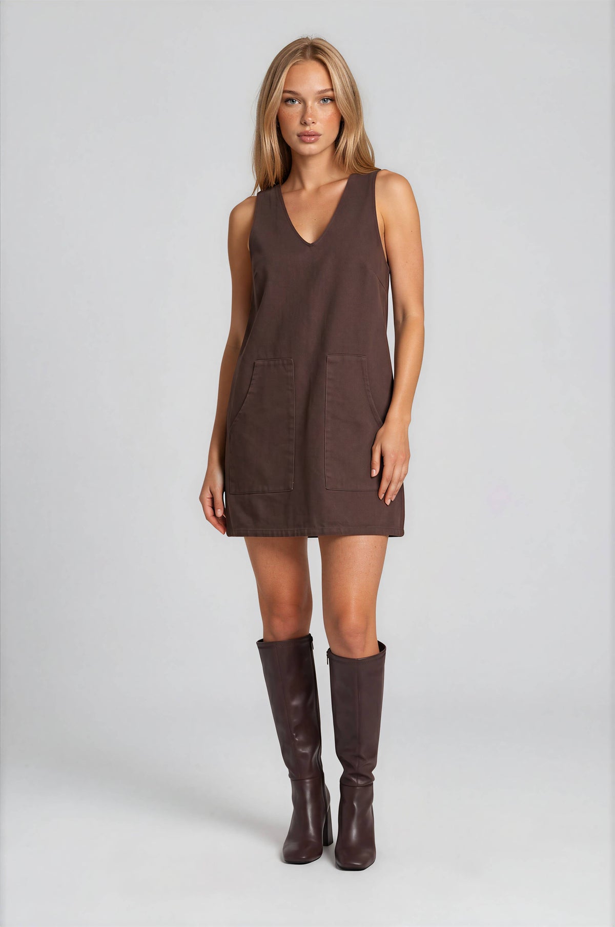 Hazel Denim V-Neck Pocket Mini Dress: Cocoa