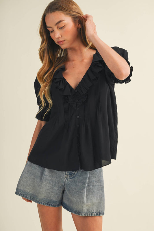 Jessie V-Neck Ruffle Pintuck Poplin Blouse: Black