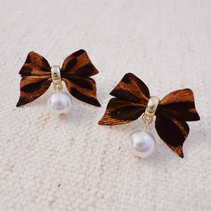 Leopard Luxe Bow and Pearl Drop Earrings