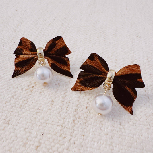 Leopard Luxe Bow and Pearl Drop Earrings