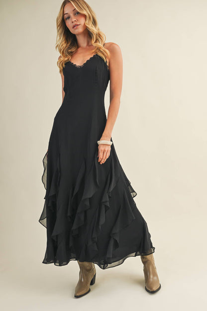 Lace V-Neck Cascading Ruffle Dress: Black / S