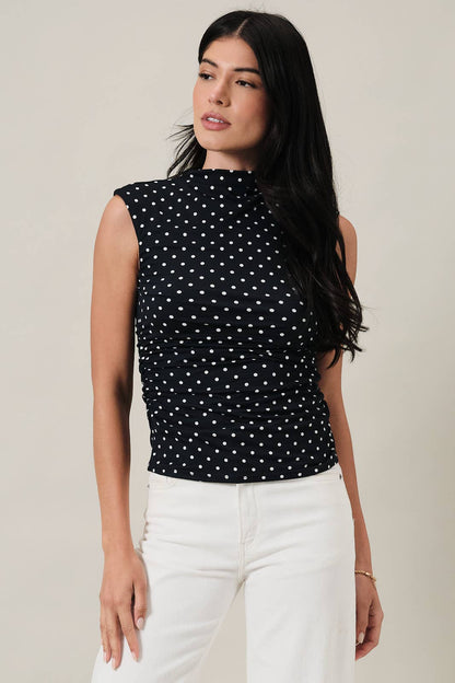Kennedy High Neck Extended Shoulder Side Ruched Polka Dot Top: Navy-Ivory Dot