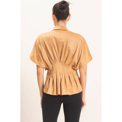 Suede Button-Down Blouse: CAMEL / S-M-L(2-2-2)