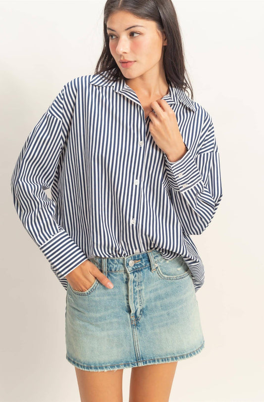 Harbor Striped Button-Up Poplin Shirt: NAVY