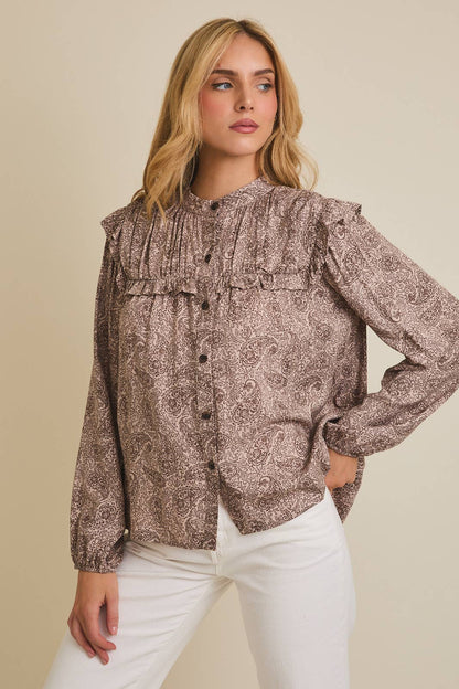 Miren Ruffle Detail Long Sleeve Button Up Shirt: Mocha-Brown Paisley