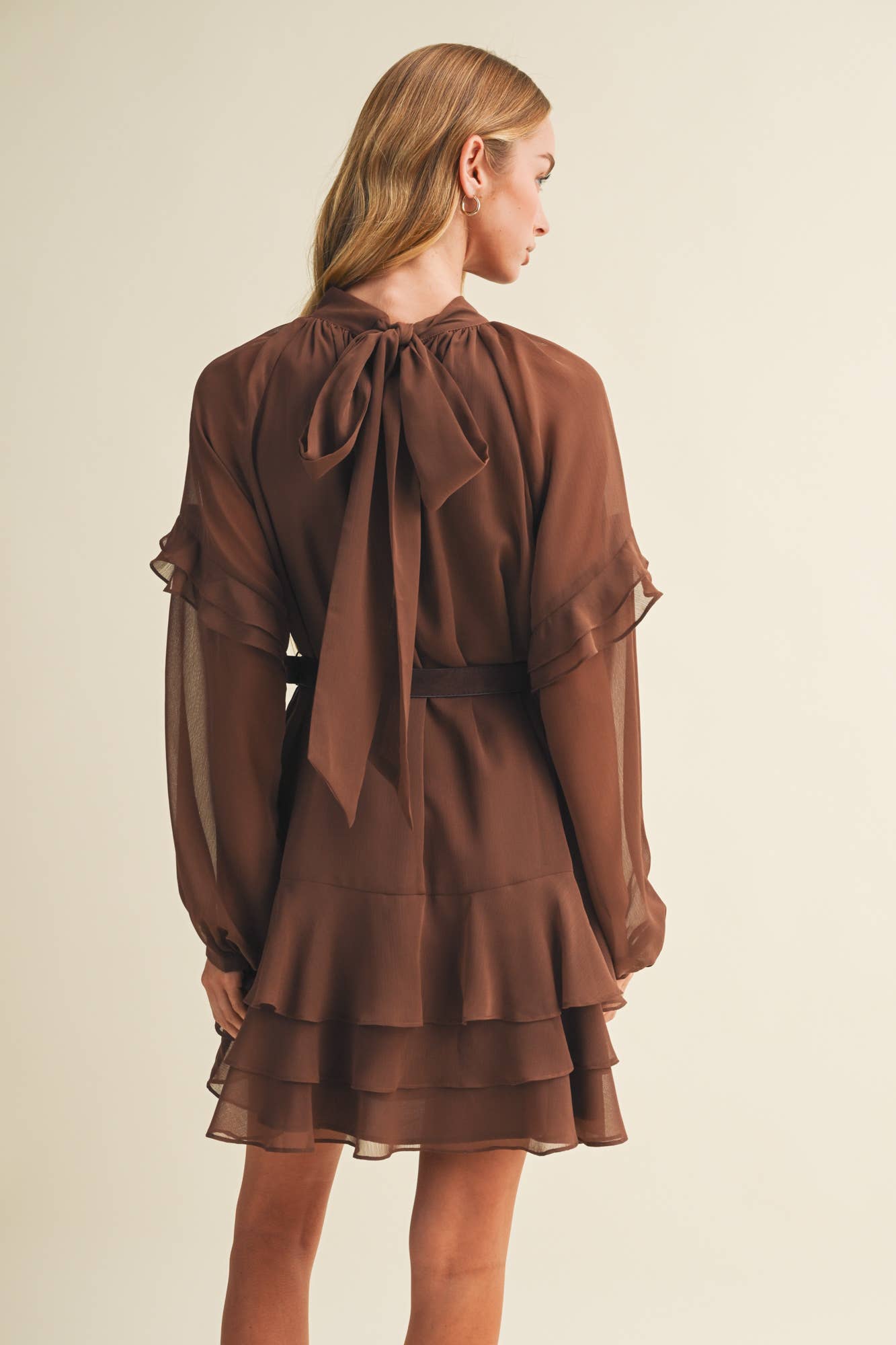Bishop Mock-Neck Tiered Dress: Dark Mocha Brown