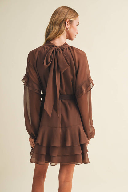 Bishop Mock-Neck Tiered Dress: Dark Mocha Brown