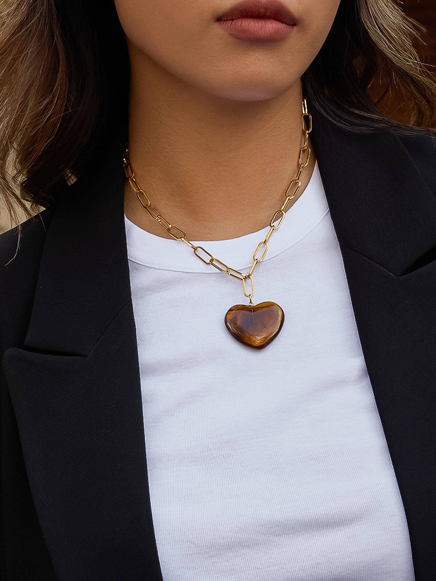 Rouelle 18K Gold Non-Tarnish Heart Chain Necklace: Brown