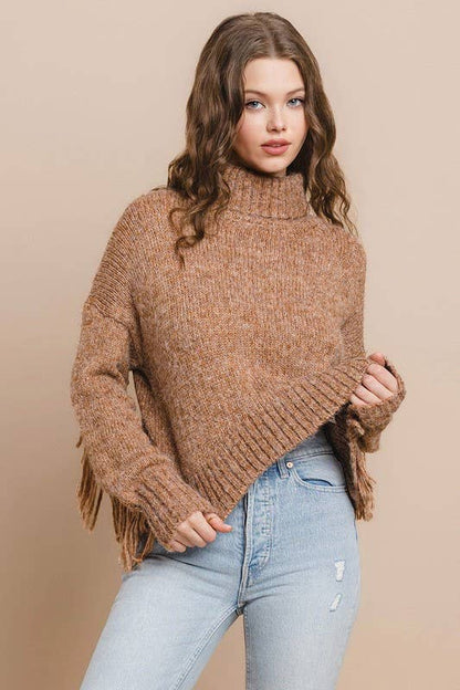 Gilded Knit Fringe Detail Turtle Neckline Sweater: CAMEL