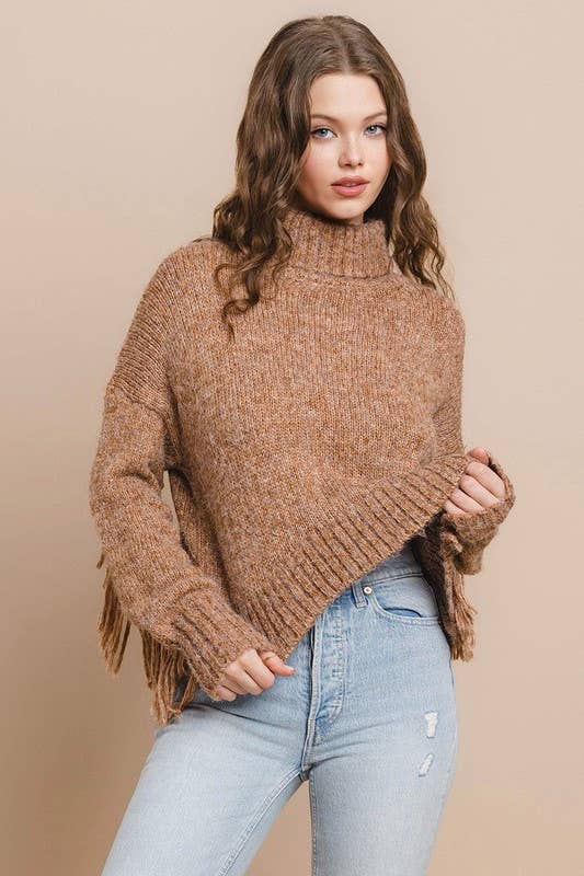 Gilded Knit Fringe Detail Turtle Neckline Sweater: CAMEL