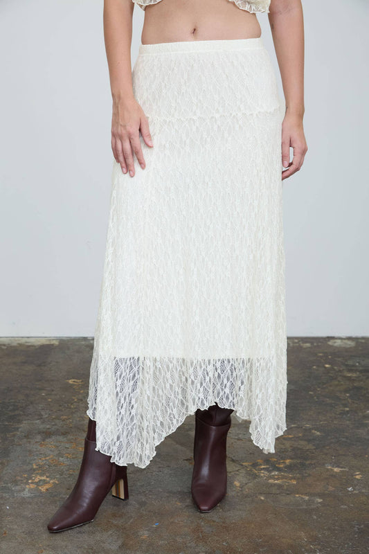 Waverly Lace Handkerchief Midi Skirt: Cream