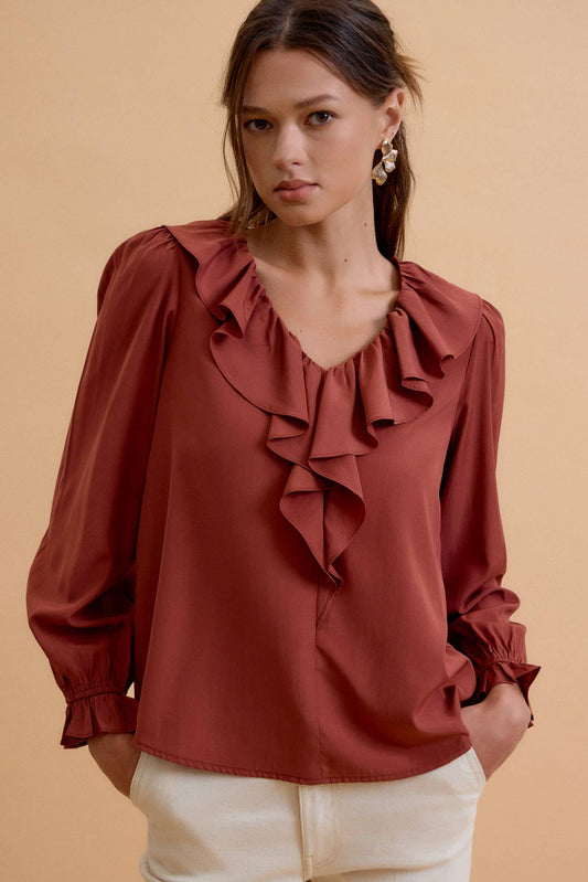 Chestnut Ruffled V-Neck Blouse Top