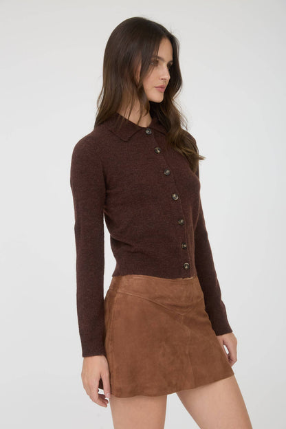 Lena Collared Button Down Long Sleeve Knit Cardigan: Chocolate