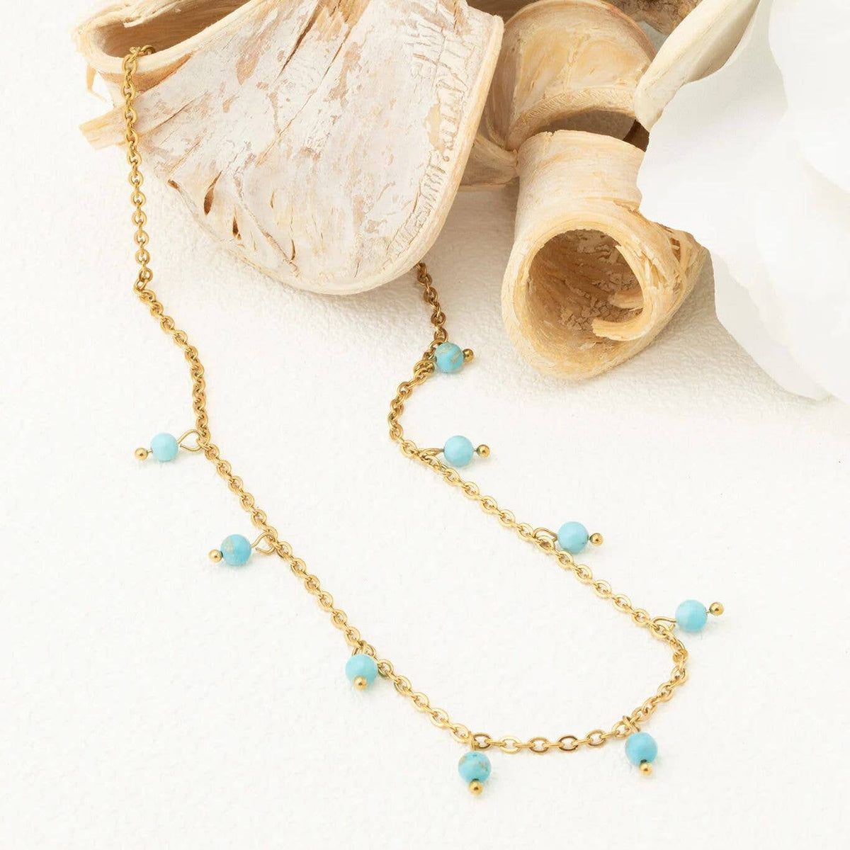 18K Gold PVD Stainless Steel Dangle Turquoise Stone Necklace: Stainless