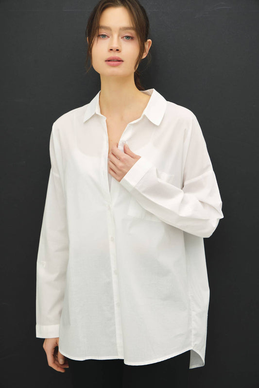 Perfect Crisp Oversized Basic Cotton Shirt-Denim: Off-White