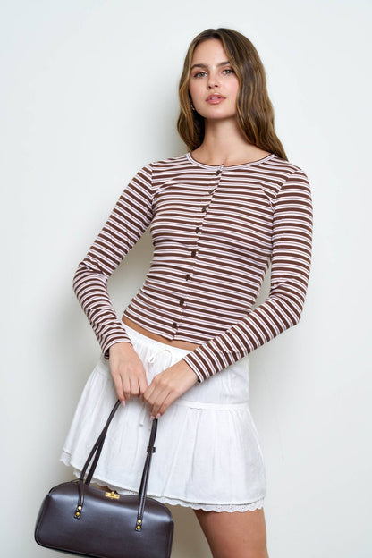 BUTTON DOWN CREW NECK STRIPED LONG SLEEVE KNIT TOP: BURGUNDY MULTI