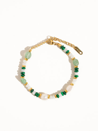18K Bohemian Handmade Stone and Bead Bracelet: Faye-Green