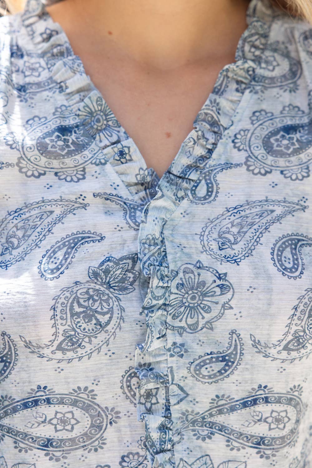 Palmer Pleated Sleeve Ruffle Detailed Paisley Print Top: Blue