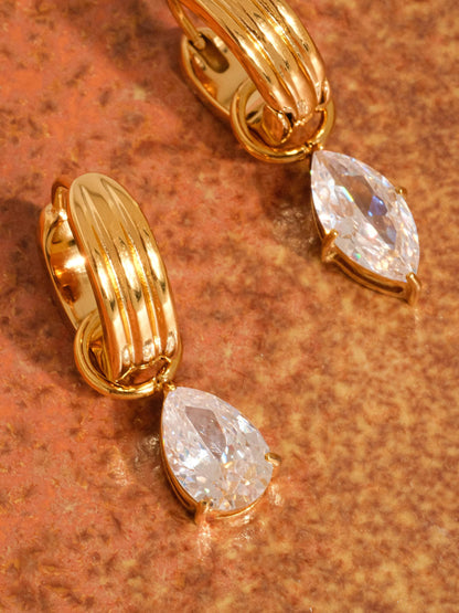 Saffron 18K Gold Non-Tarnish Teardrop CZ Mismatch Earrings: Yellow Gold